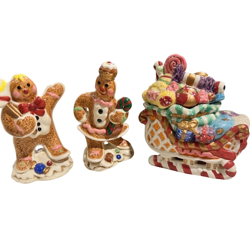 Fitz and Floyd Essentials Gingerbread Sleigh Candy Dish Salt Pepper Shaker Set
